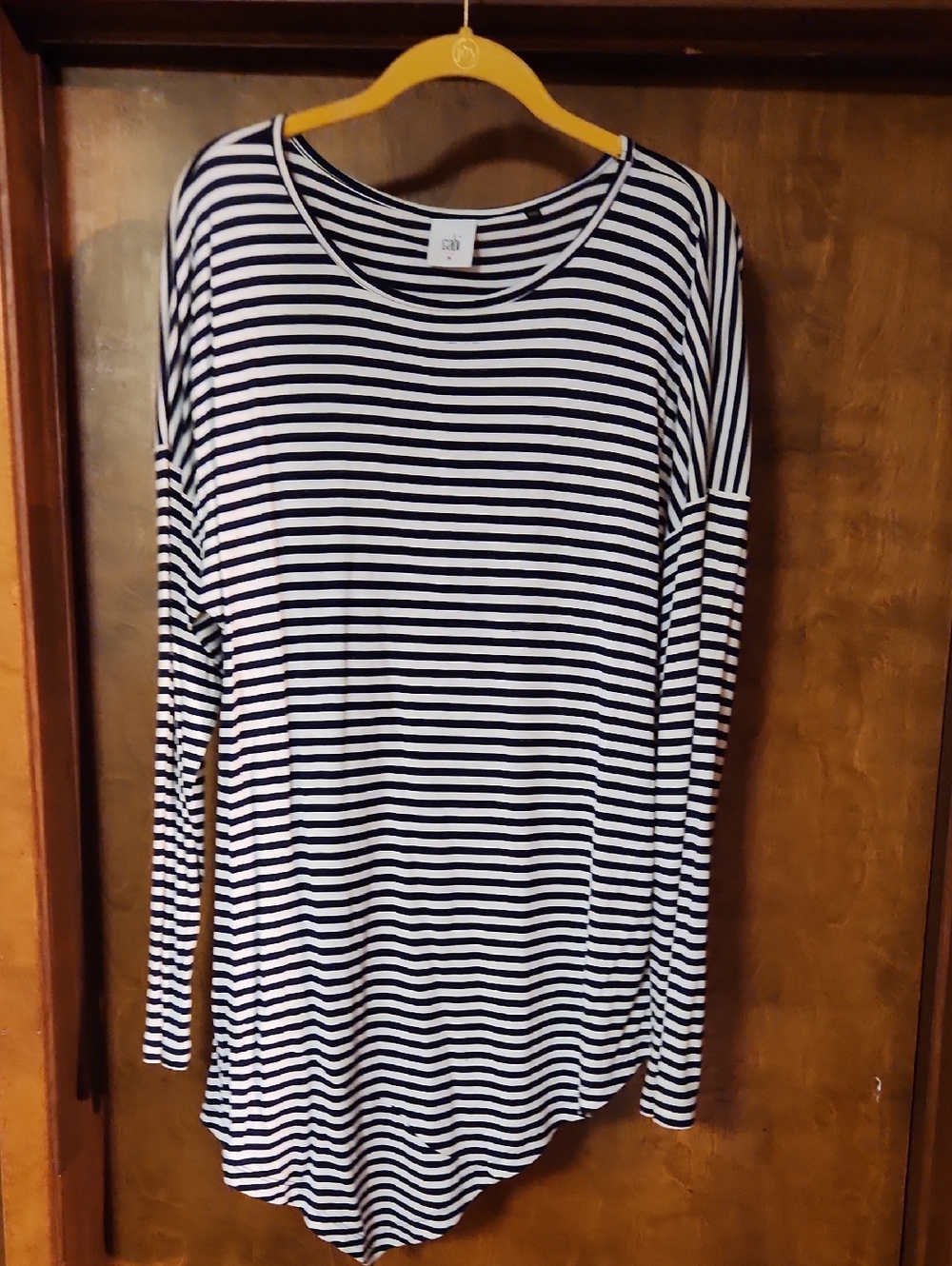NWOT CAbi Navy BLUE and White Striped Long Sleeve Asymmetrical Soft Tee